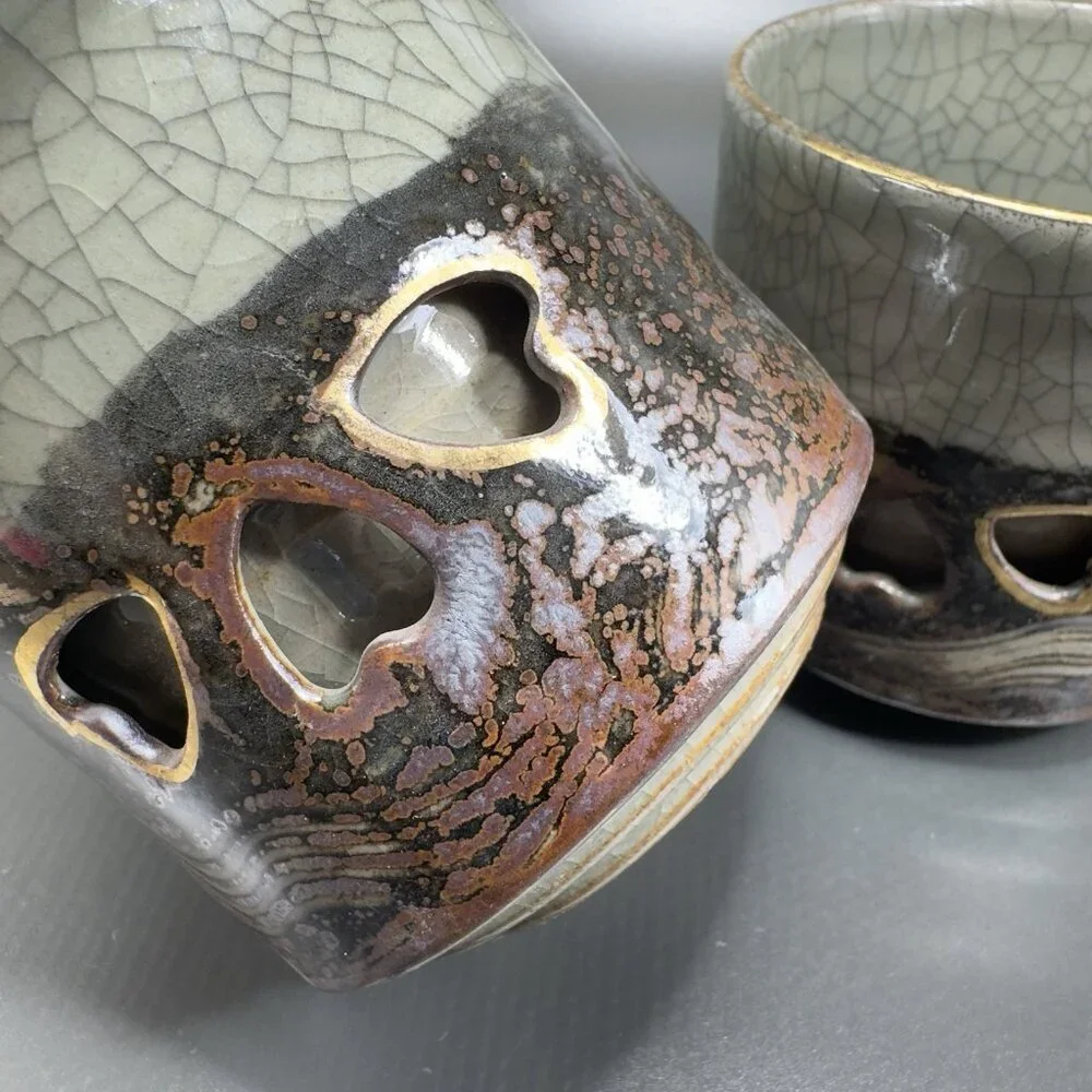 Otagiri SomaWare Gold Horse Cup Tumbler Porcelain Obori Crackled Glaze Set2 Cups